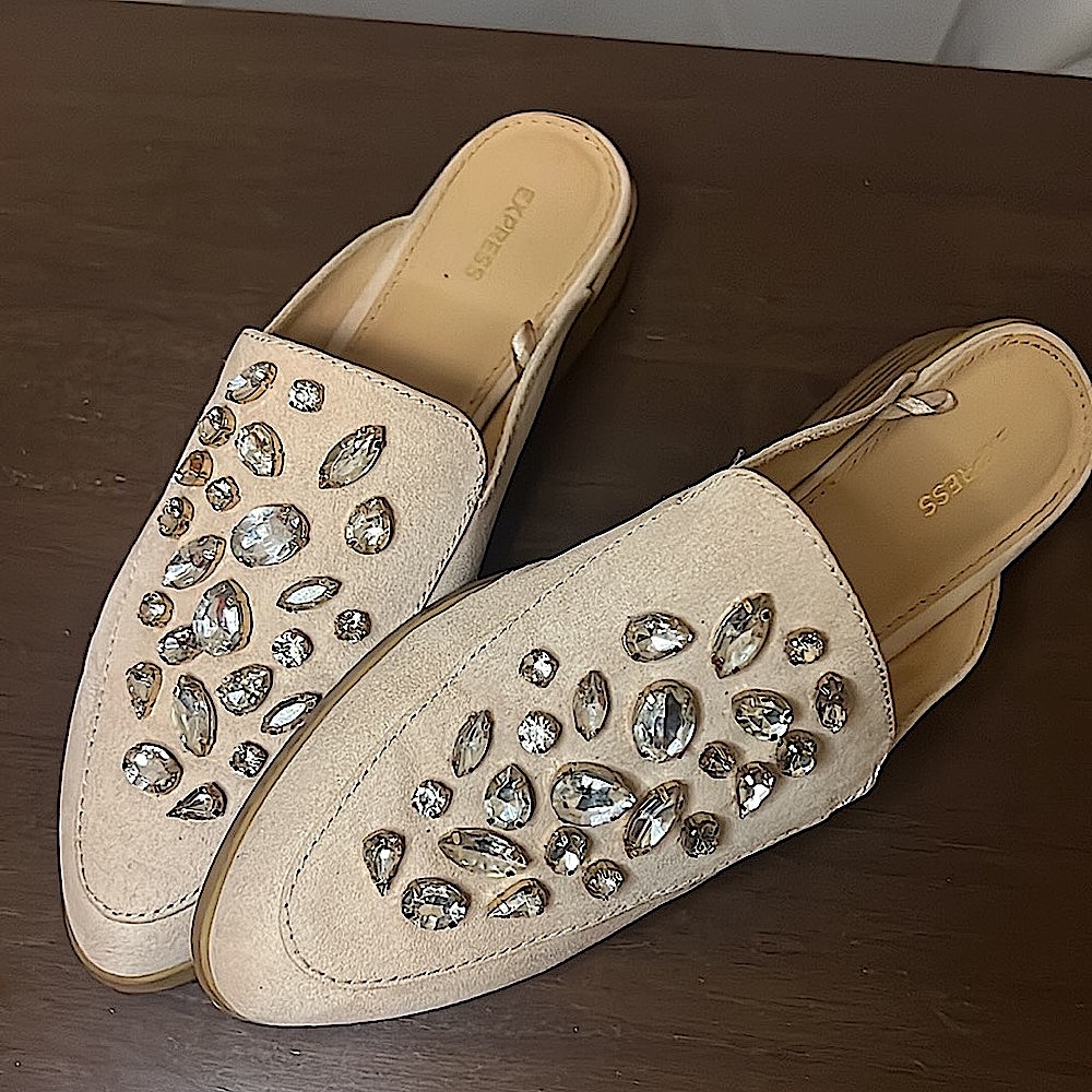 Express cream/pink embellished small heel flats